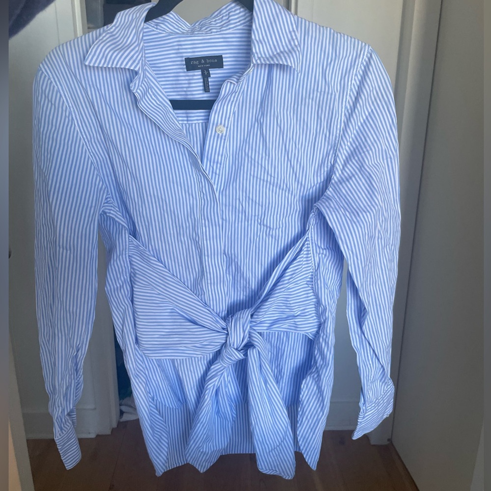 Rag & Bone Shirt Womens Blue Striped Long Sleeve Button Up Tie Front
